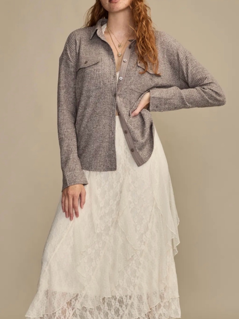 Lucky Brand Cloud Waffle Buttondown Top French Roast Womens Medium New
